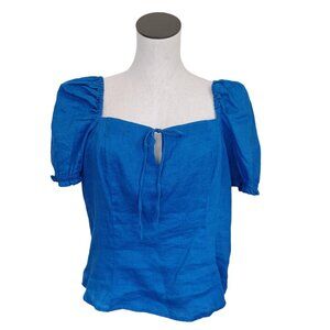 H&M Blue Linen Cropped Top Shirred Back Cottage core Prairie Style Womens Large